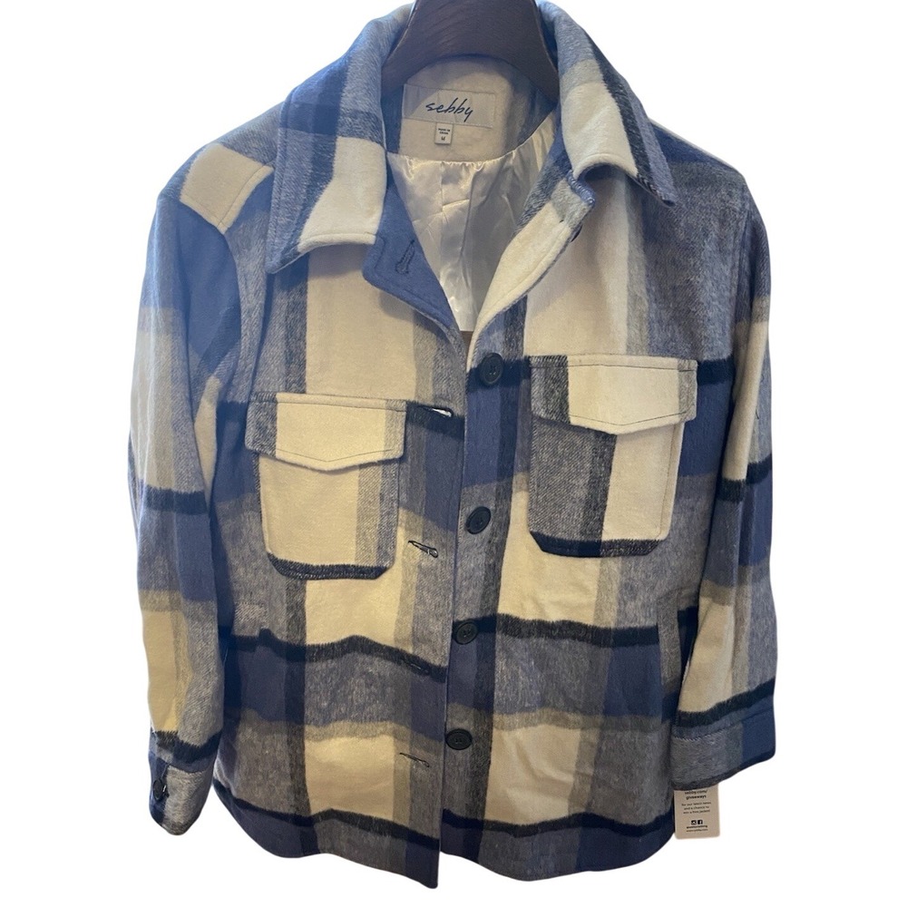 Sebby Women's Coat Oversized Plaid MEDIUM Blue White Swiss Style Preppy NEW